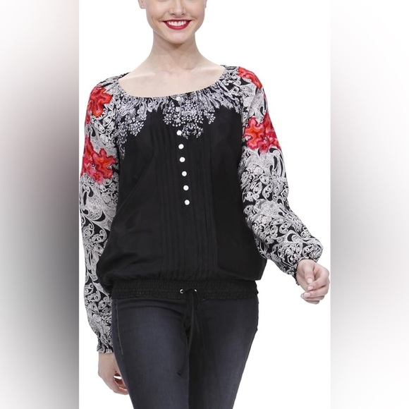 NWT Desigual Boho Blouse Size S Hippie Floral Abstract Artsy Cinch Tie Unique - Picture 3 of 16